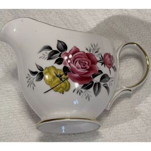 Vintage‎ Royal Vale Porcelain Bone China Creamer Pink Yellow Flowers Black Gold